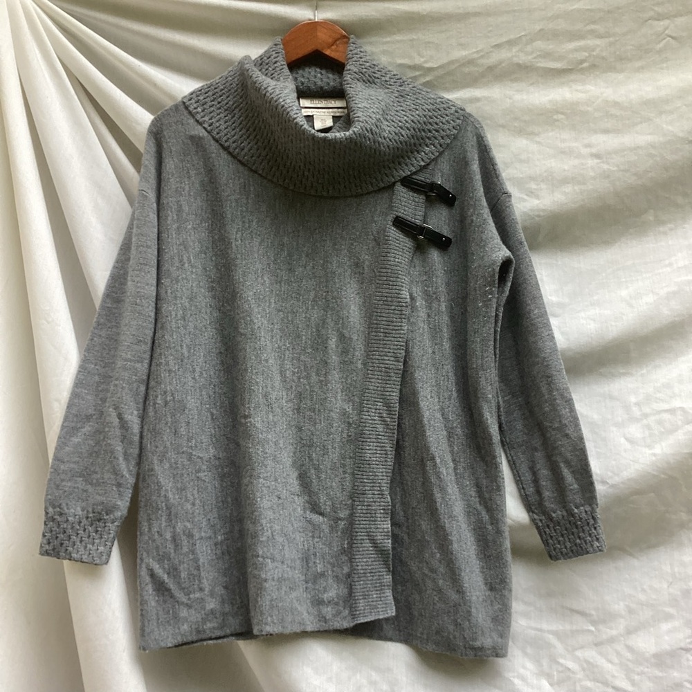 Ellen Tracy 100% fine merino wool Gray Cowl Neck Sweater Buckle Accents size S